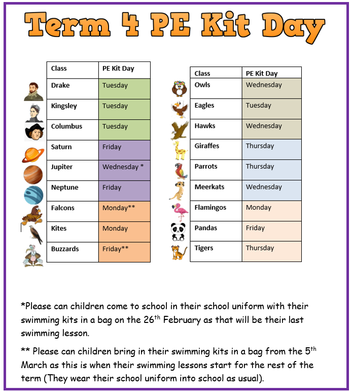 SwingatePE's tweet photo. Please find the days that your children need to wear their PE kits to school in term 4. Thank you. @SwingatePrimary https://t.co/gmYFSgBjWD