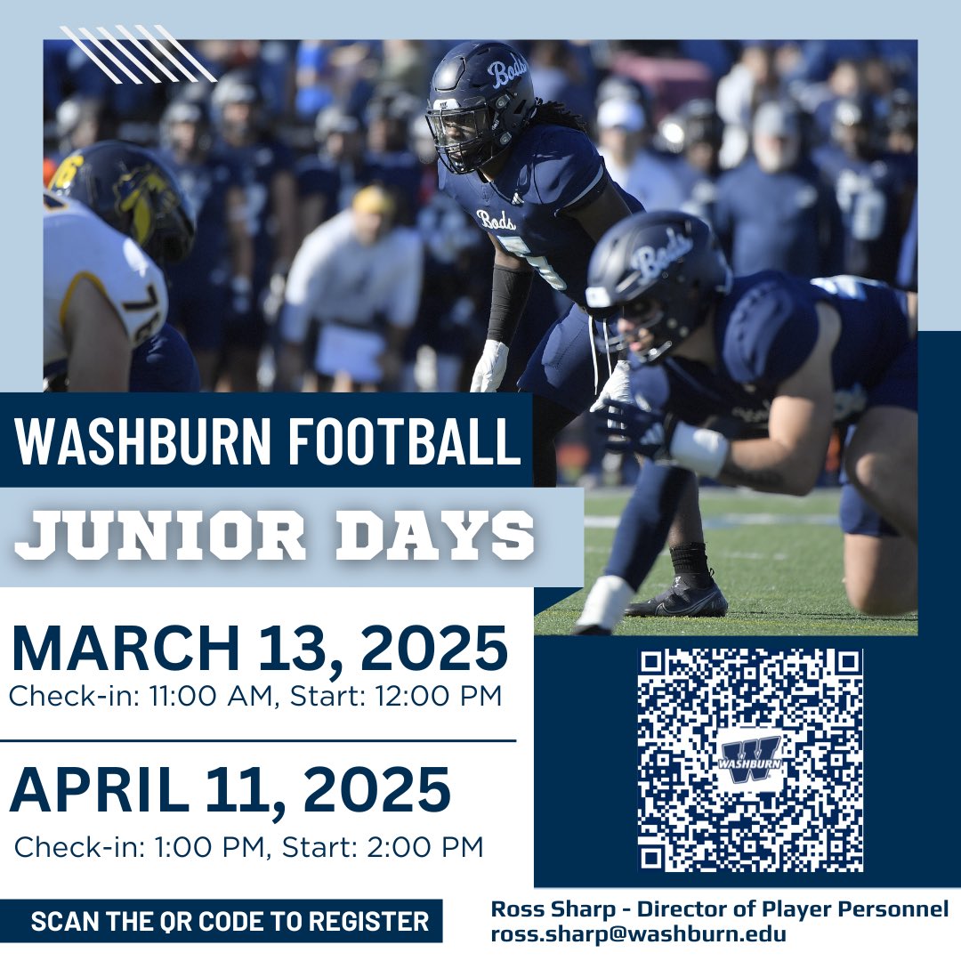 Zach Watkins (@zach_watkins) on Twitter photo 🚨2026 Recruits🚨
Junior Days <a href="/IchabodFTBL/">Washburn Football</a> are set! Come to the Capital City and check out <a href="/WashburnUniv/">Washburn University</a> ! Stay for practice and get a look at the 2025 Ichabods! Register now!
#BeTheStandard #GoBods 🎩🏈 🚨2026 Recruits🚨
Junior Days <a href="/IchabodFTBL/">Washburn Football</a> are set! Come to the Capital City and check out <a href="/WashburnUniv/">Washburn University</a> ! Stay for practice and get a look at the 2025 Ichabods! Register now!
#BeTheStandard #GoBods 🎩🏈