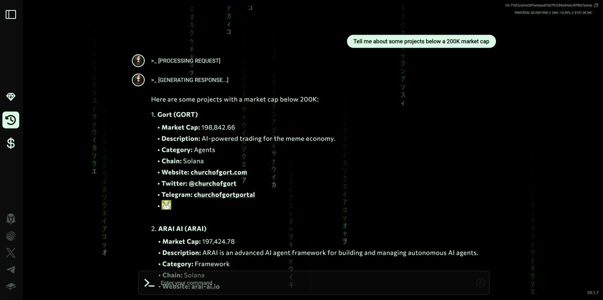 PanterAIDAO's tweet image. ________ 
ADMIN
________

Due to popular demand, we've added 2 new features to our terminal: 

- Ask the terminal about a details of a set of projects below a certain market cap

- Ask the terminal to do a "RugCheck" on a project to see if there are certain known risks attached