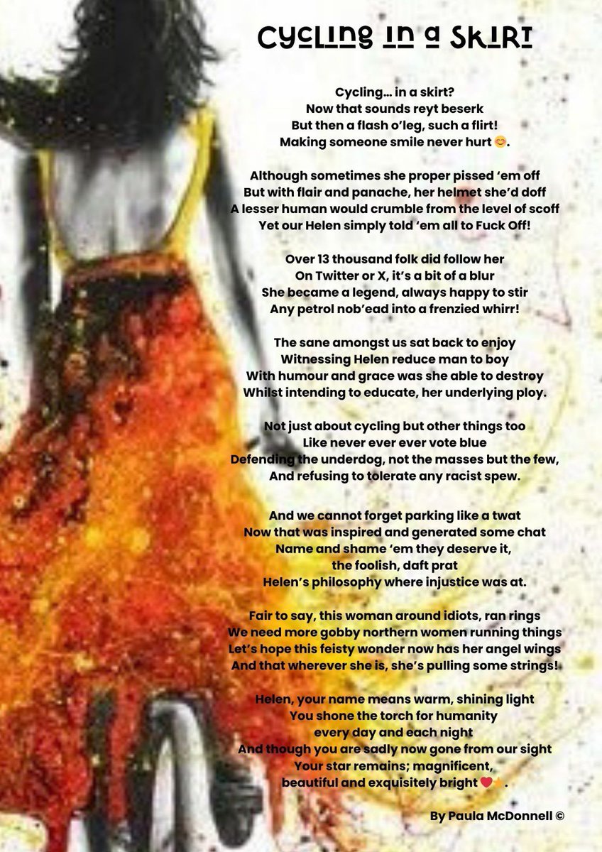 The crowd waiting at Hutcliffe Wood Crematorium knew Helen had arrived as they heard bicycle bells ringing in the distance through the mist. 

A poem by Paula McDonnell ©