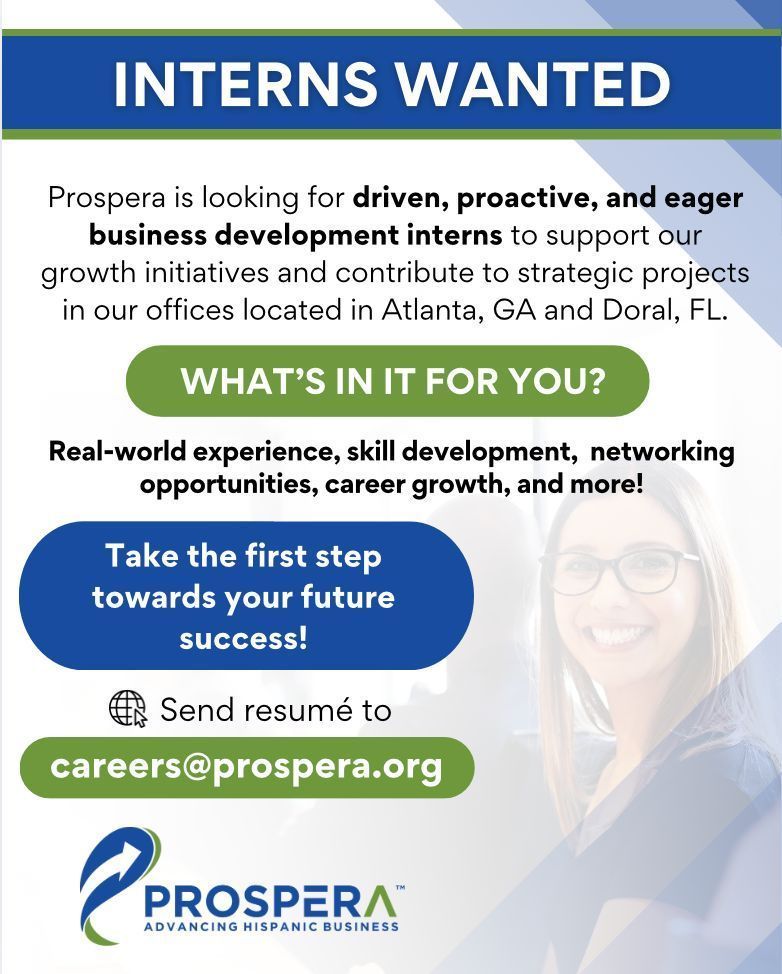 ProsperaUSA's tweet image. 🚀We are seeking business development INTERNS to help shape growth and innovation📈Gain hands-on experience, develop invaluable skills, and make a real impact!

🌟Send your resumé to careers@prospera.org

#ProsperaUSA #NonprofitOrg #HispanicEntrepreneurship #InternshipOpportunity
