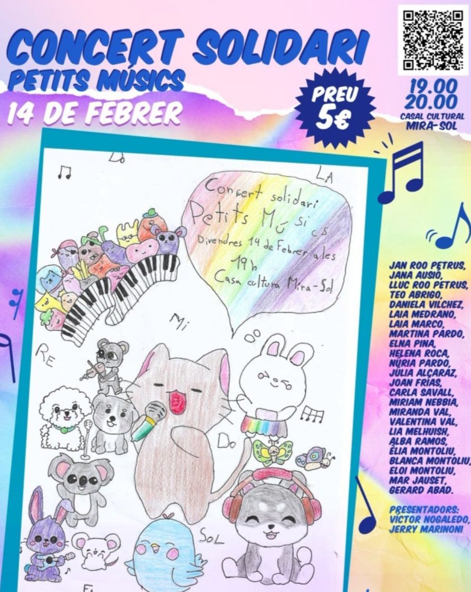 Famílies, recordar-vos que el proper divendres 14 de febrer a les 19h, es celebra el tradicional "Concert de Petits músics solidaris" organitzat per alumnes i famílies del Ciutat d'Alba al Casal de Mirasol

Els fons recaptats es destinaran al projecte BARCELONA MAGIC LINE “BML”