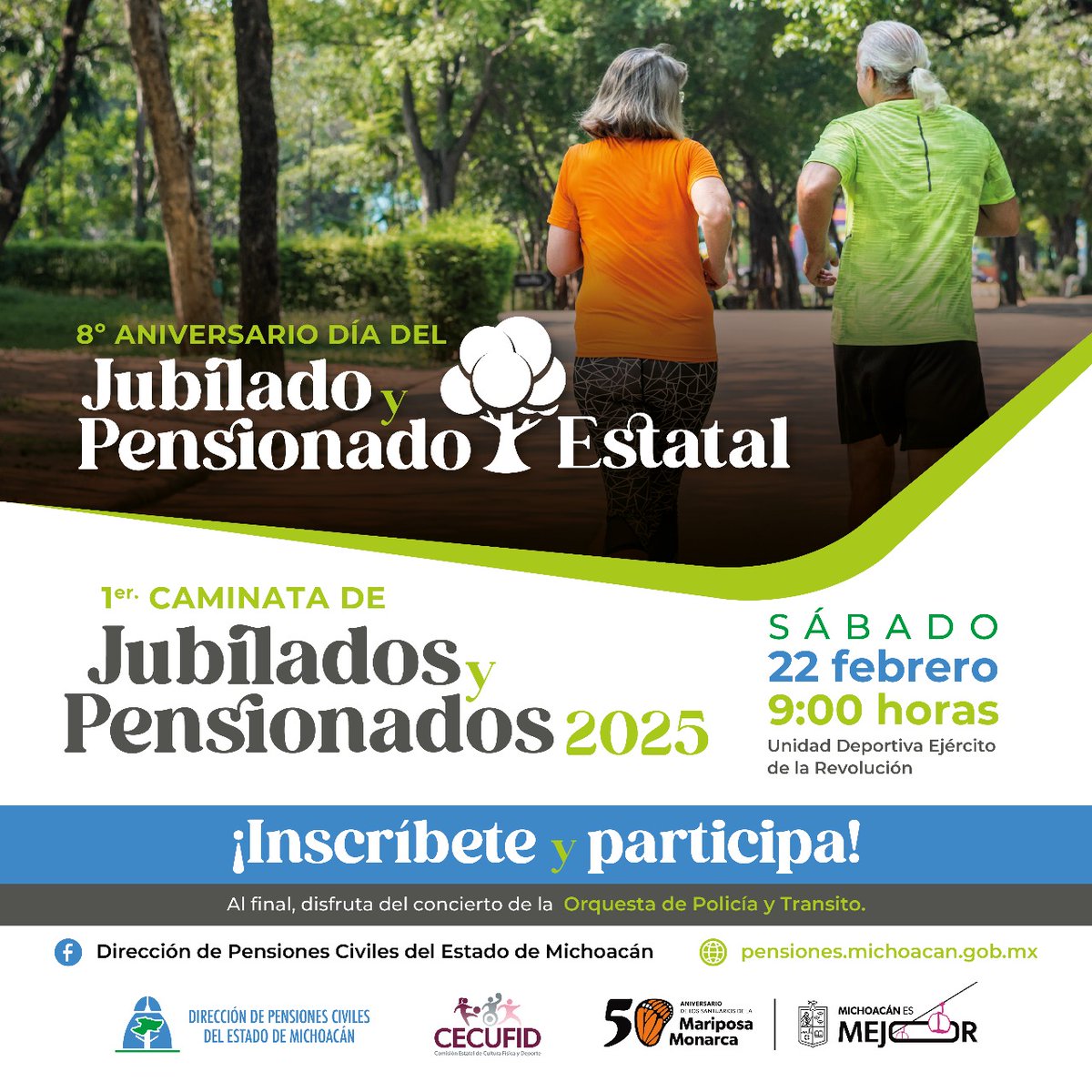 PensionesMich's tweet photo. Participa en nuestra primera caminata para jubilados y pensionados 2025, este 22 de febrero como parte de las actividades del 8° aniversario de Jubilado y Pensionado Estatal.
#TrabajamosParaTuBienestar
#MichoacánEsMejor https://t.co/pzxkEPpnmq