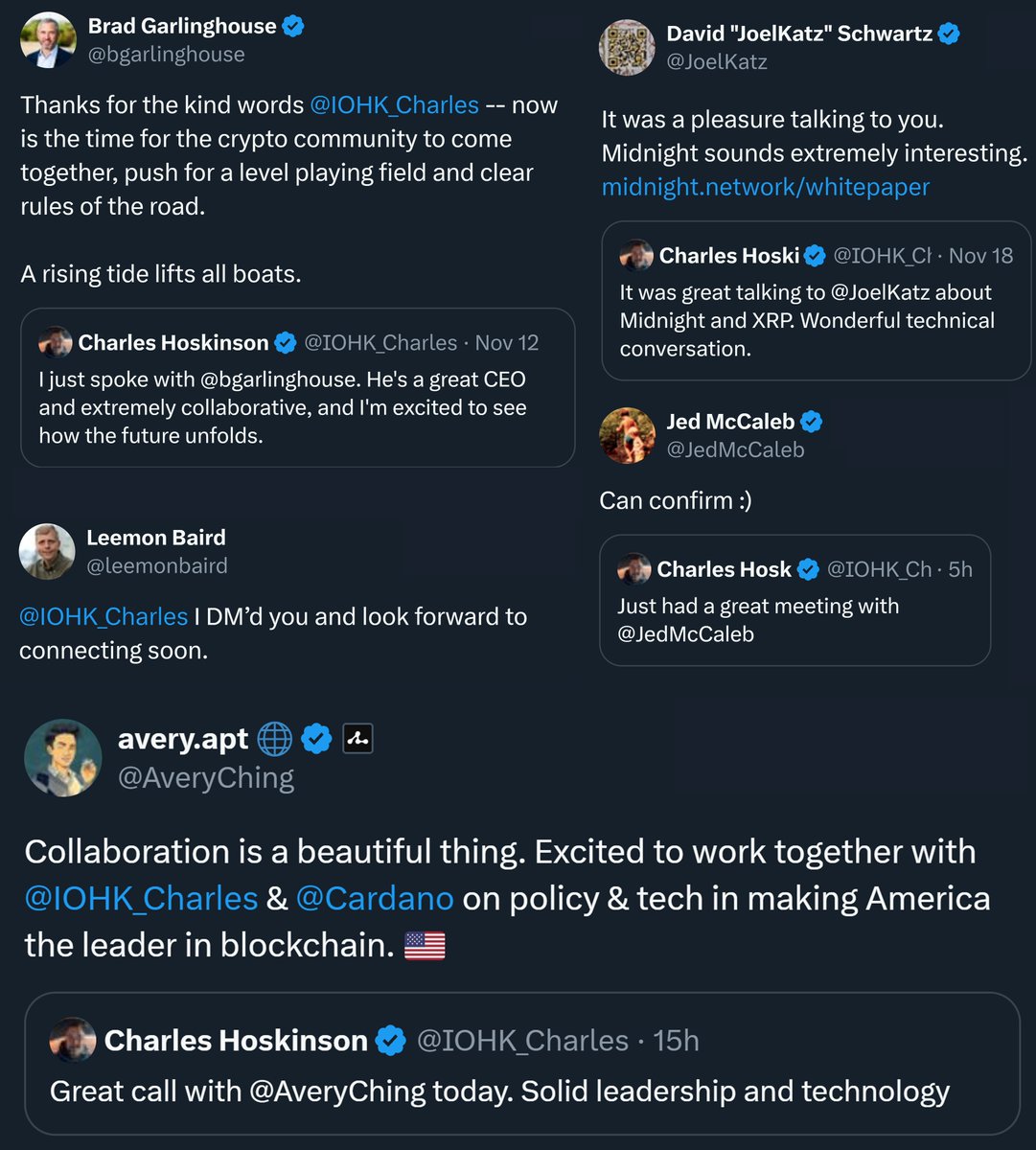 . <a href="/IOHK_Charles/">Charles Hoskinson</a> met with 🇺🇸 blockchain founders from Ripple, Stellar, Hedera, Algorand, and Aptos.

Now he's meeting the 🇺🇸 President.

When talent meets opportunity. #Cardano