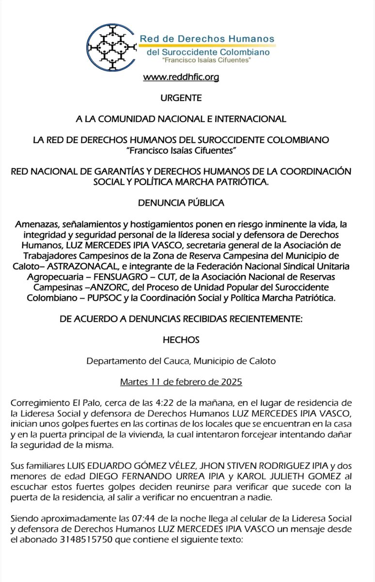 Reddhfic's tweet image. DENUNCIA PÚBLICA || 12 febrero 2025 || #Caloto, #Cauca.

Amenazas, señalamientos y hostigamientos ponen en riesgo inminente la vida, la integridad y seguridad personal de la líderesa social y defensora de DDHH, LUZ MERCEDES IPIA VASCO, secretaria general de la