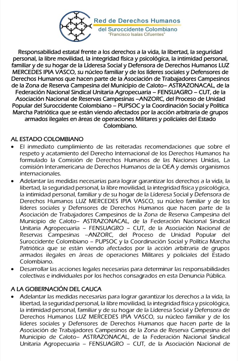 Reddhfic's tweet image. DENUNCIA PÚBLICA || 12 febrero 2025 || #Caloto, #Cauca.

Amenazas, señalamientos y hostigamientos ponen en riesgo inminente la vida, la integridad y seguridad personal de la líderesa social y defensora de DDHH, LUZ MERCEDES IPIA VASCO, secretaria general de la