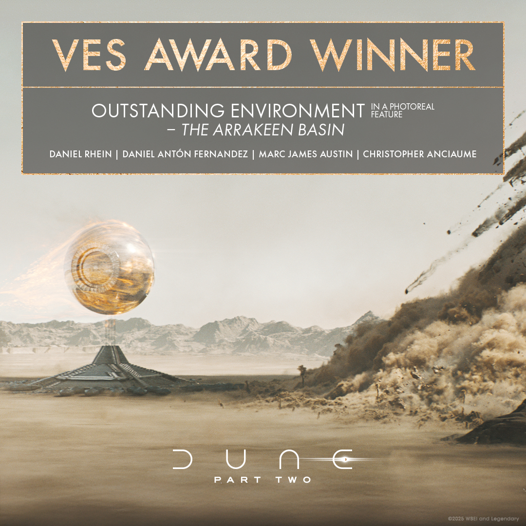 dunemovie's tweet photo. #DuneMovie is the winner of 4 @VFXSociety Awards including Outstanding Environment in a Photoreal Feature, Outstanding CG Cinematography, Outstanding Effects Simulations in a Photoreal Feature, and Outstanding Compositing & Lighting in a Feature. Congratulations to the brilliant team of artisans on our visual effects team on this recognition!