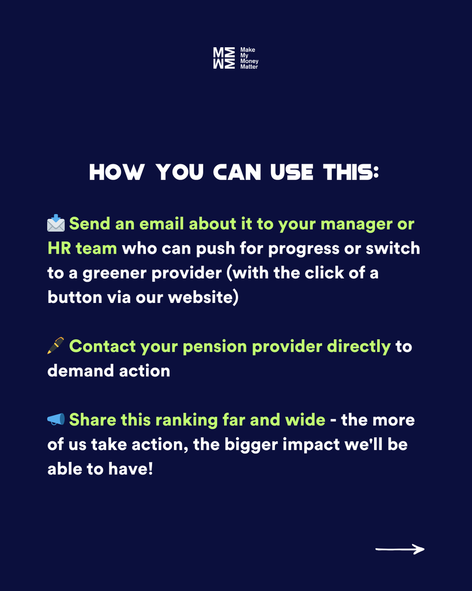 MMMoneyMatter's tweet image. Yesterday we released an updated version of our climate ranking of the biggest UK pension providers 👀​

Scroll through to understand what it means and how you can use it to green your pension 🌍​

Learn more and take action: makemymoneymatter.co.uk/pensions