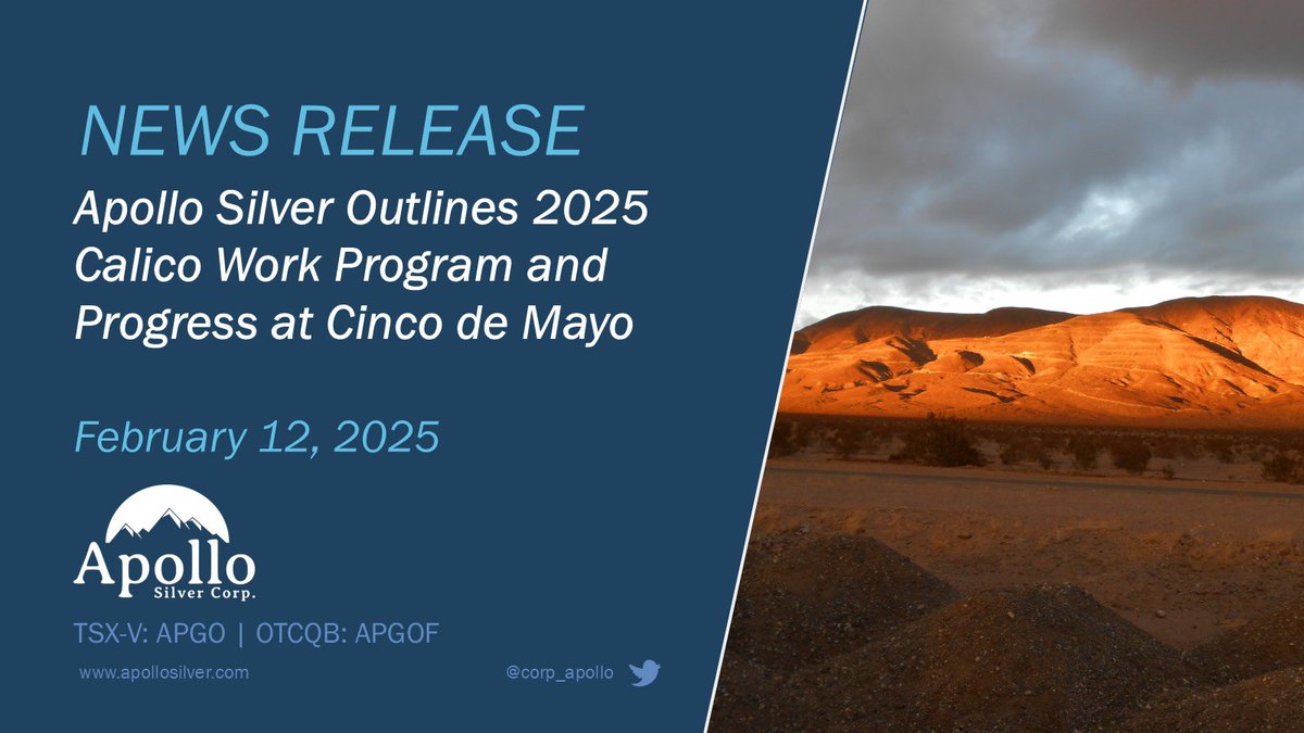 “Apollo Silver is excited to start its 2025 work campaign at the Calico Silver Project and welcomes the newly elected executive for the Ejido Benito Juarez”

apollosilver.com/wp-content/upl…

$APGO $APGOF #silver #California #mexico #Mining #CriticalMinerals