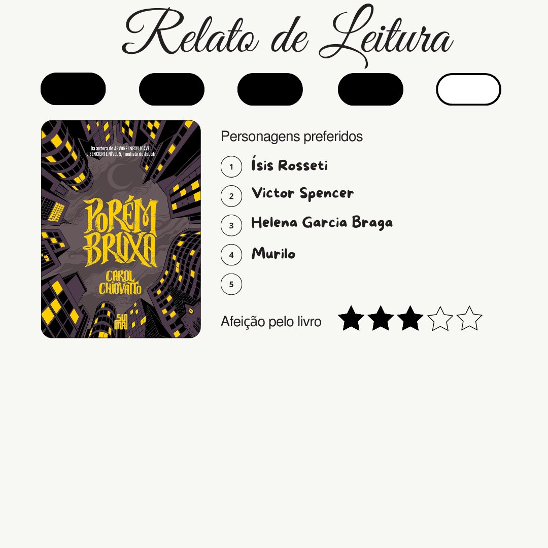 Porém Bruxa, de Carol Chiovatto
Status de leitura: 80%

Embora siga interessante, um detalhe me incomoda um pouco: a trama é bem autocontida, enquanto o wordbuilding referencia muita coisa fora dela, como o Conselho e a Cidade dos Nobres. Tá com muita cara de “vol. 1 de série”.