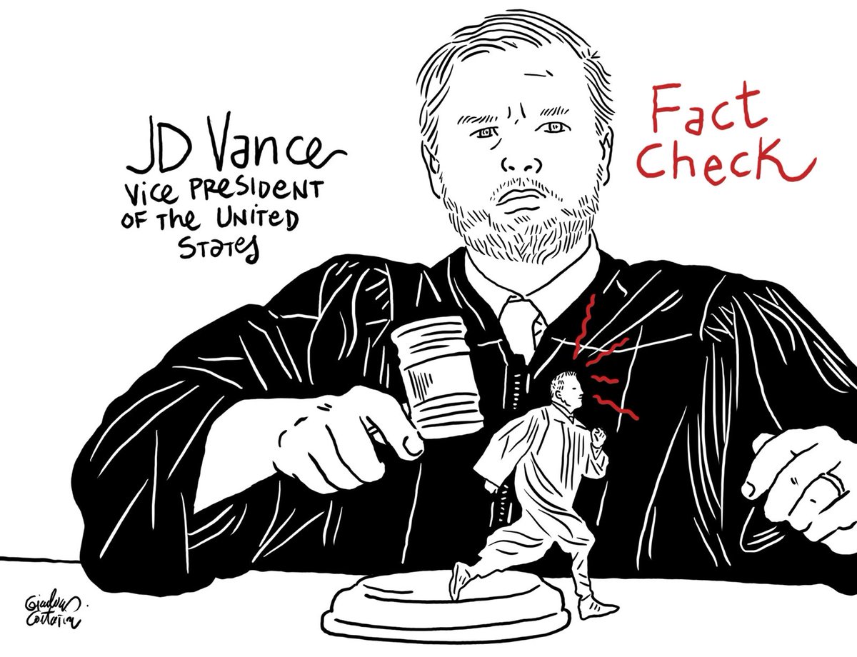 FACT CHECK: <a href="/JDVance/">JD Vance</a> claims “Judges aren’t allowed to control the executive’s legitimate power.” False: judges interpret what is or is not a legitimate use of power. This is a key aspect of the US system of checks and balances.

<a href="/channeldraw/">Gianluca Costantini</a>/<a href="/nickhilden/">Nick Hilden</a>
