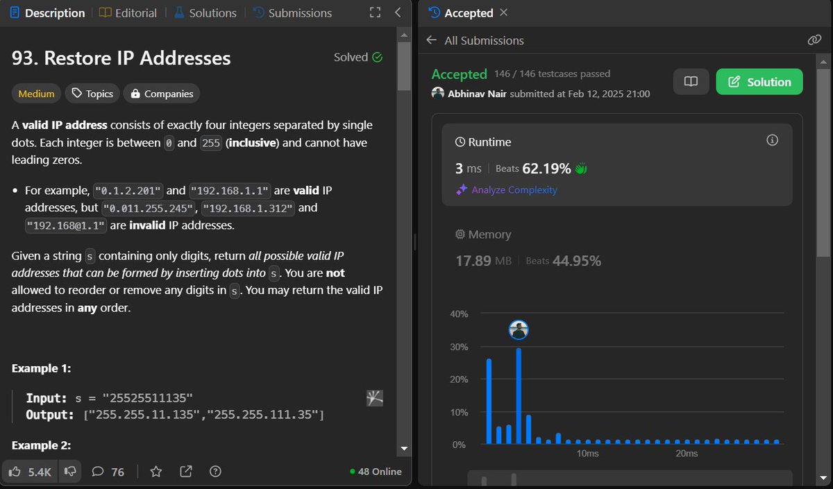 Abhinav_Nair13's tweet image. Day 109/200 of #LeetCodeChallenge!. Solved - 
93. Restore IP Addresses