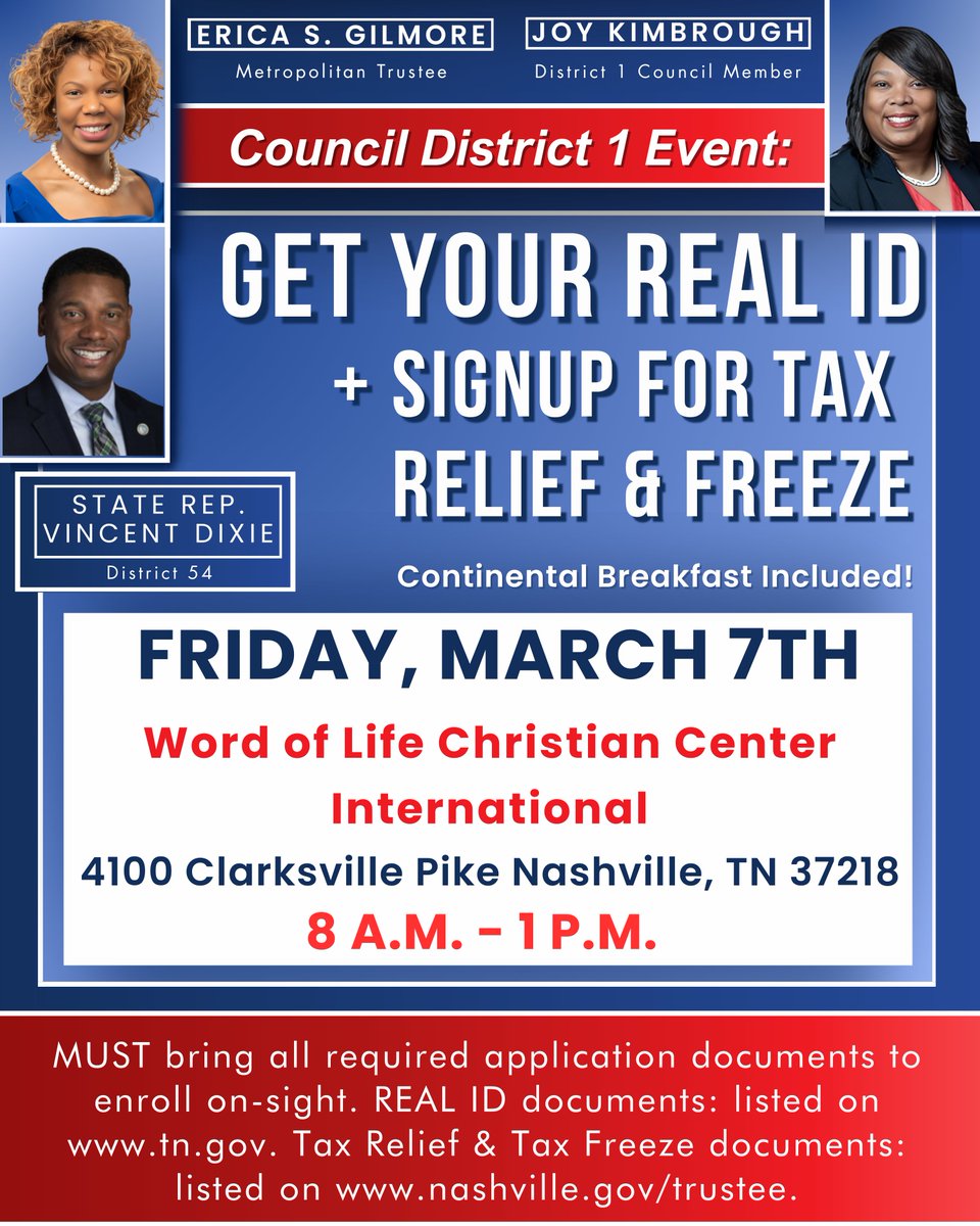 NashTrustee's tweet photo. Are you REAL ID ready? ✈️

Councilmember @JoyKimbrough4  invites you to grab your REAL IDs and apply for Property Tax Relief and Tax Freeze at her upcoming event. Bring all required documents!

Shoutout to District 54 State Rep. Vincent Dixie for coordinating.

- @ericasgilmore https://t.co/mYHrx73WS0