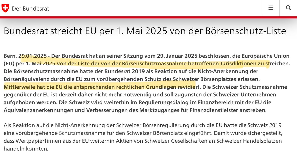 Nach über fünf Jahren dürften #Aktien aus der #Schweiz ab Mai durch diese Entscheidung des 🇨🇭 Bundesrates wieder an deutschen Börsen handelbar sein.
➡️ admin.ch/gov/de/start/d…