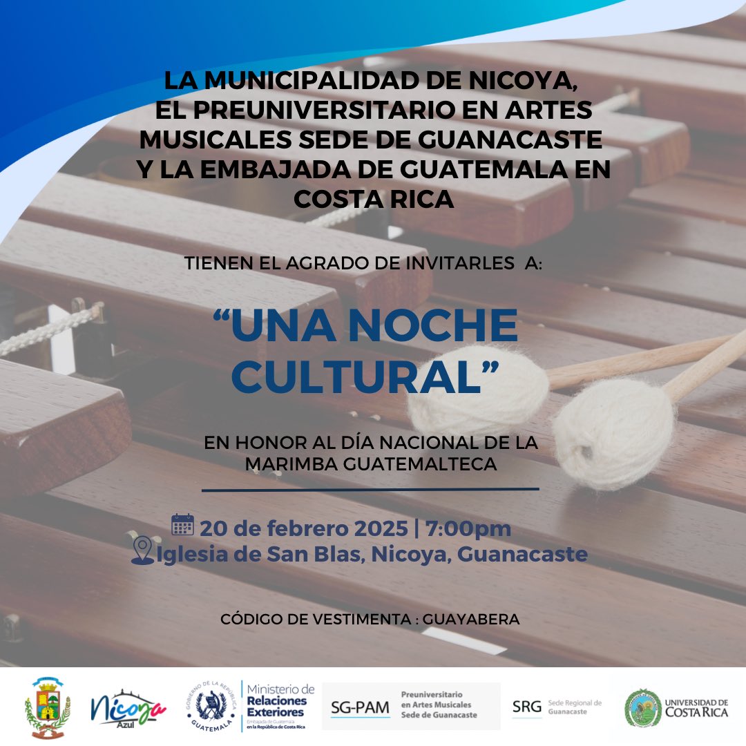 EmbajadaCR's tweet photo. La @EmbajadaCR  se complace en invitarles a “Una Noche Cultural”, un evento especial en conmemoración del Día Internacional de la Marimba Guatemalteca. 

¡Acompáñennos y celebremos juntos el legado de nuestra marimba! 🎶 https://t.co/681RPPjzr1