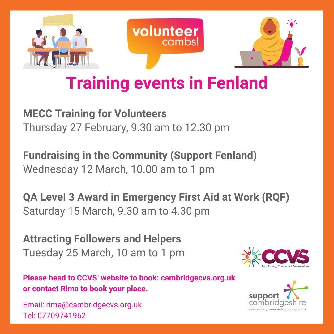 #Fenland training events coming up in February and March!

MECC Training for Volunteers
buff.ly/3OZ9mv2 

Fundraising in the Community
buff.ly/4gypOh7 

Emergency First Aid at Work
buff.ly/4iAYHEe 

Attracting Followers and Helpers
buff.ly/3VHjgFn