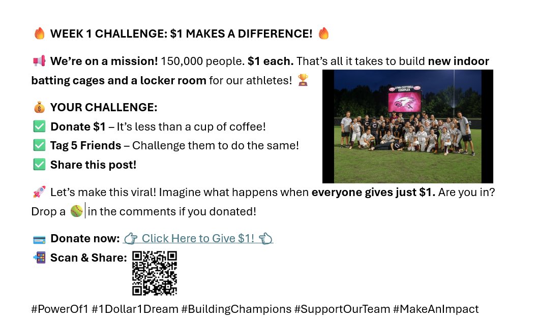 teachtechy's tweet photo. We’re on a mission! 150k people. $1 each. That’s all it takes to build new indoor batting cages and a locker room for our athletes   ✅ Donate $1 – It’s less than a cup of coffee!  ✅ Tag 5 Friends – Challenge them to do the same!  ✅ Share this post!
https://t.co/d8LVZdoB04 https://t.co/8rnhvEo2ac