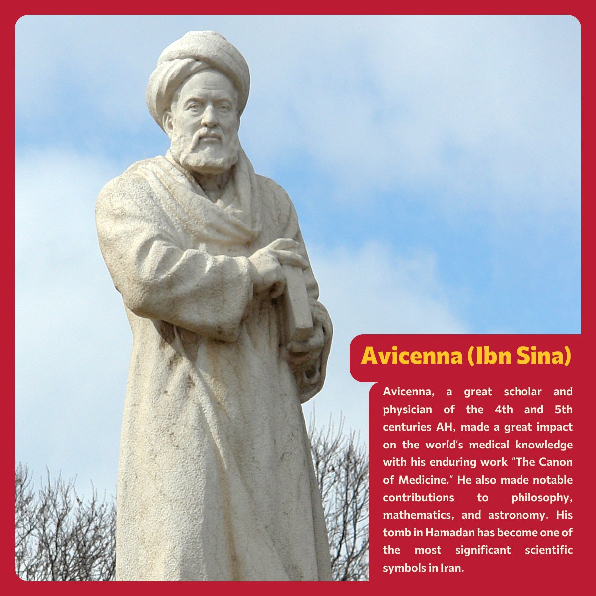 RezvanMedia2020's tweet photo. #Avicenna (Ibn Sina)

Avicenna, a great #scholar and #physician of the 4th and 5th centuries AH, made a great impact on the world's #medical knowledge with his enduring work "The Canon of Medicine." He also made notable contributions to philosophy, mathematics, and astronomy. https://t.co/Mo74YH3C4J