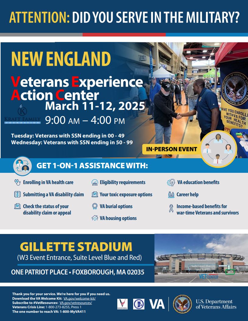 RI_VETS's tweet photo. Veterans, we’re here for you! 🇺🇸 Come join RIVETS at the NE Veterans Experience Action Center on March 11 &amp; 12 at Gillette Stadium! 🏈 Get 1-on-1 help with VA benefits, healthcare &amp; more. Our team will be on-site to assist—don’t miss out! #Veterans @VAProvidence @GilletteStadium https://t.co/evJoeUR8nw