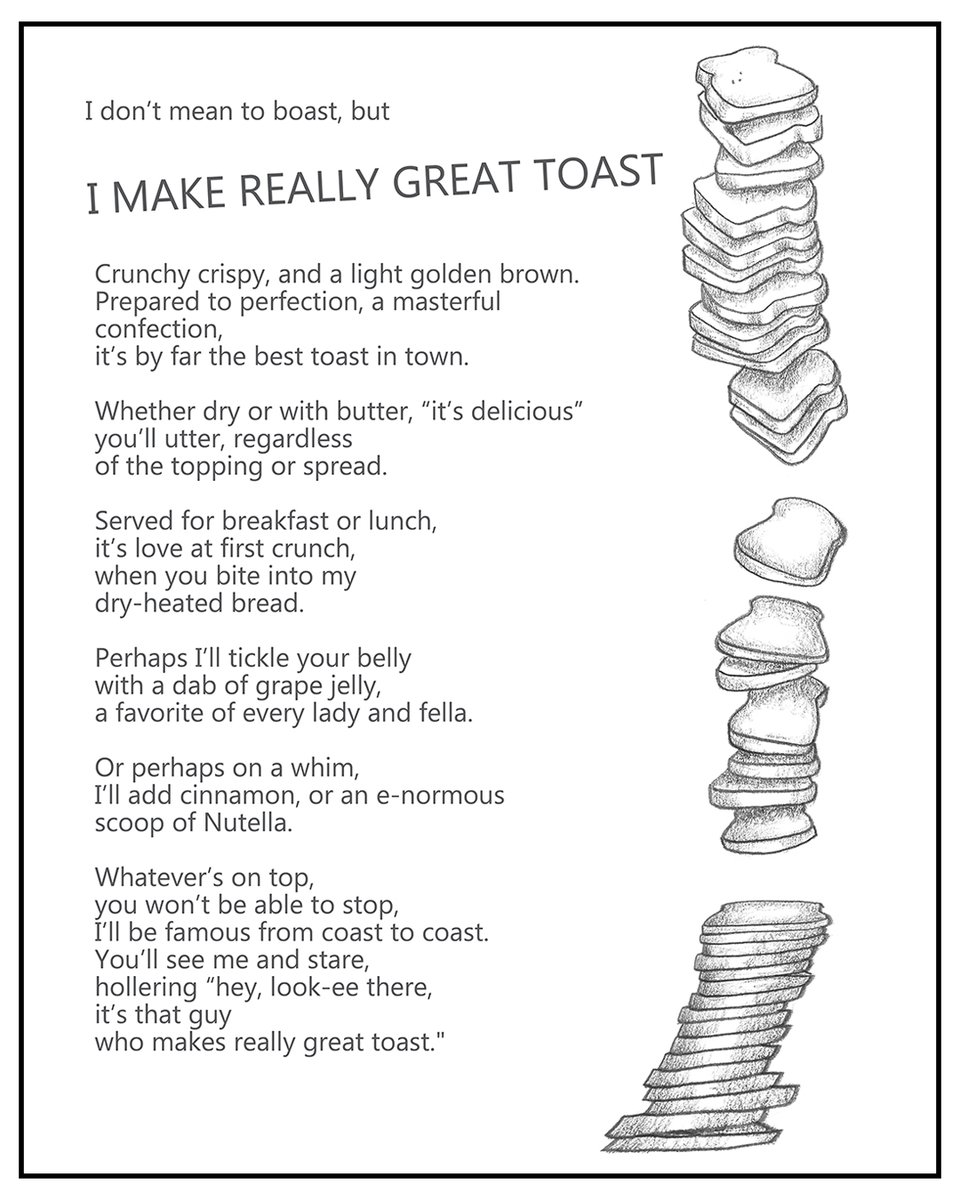 #badmuleinc #badmulerag #poemsforkids #childrensbooks #childrensillustrations #thelonelybanjo #markroberts #funny #kidscomedy #funnystories #funnyforkids #kidslit #mikeandmolly
#poetry #poetrycommunity #badmuleragvol3 #shelsilverstein #toast #avocadotoast #nutella
