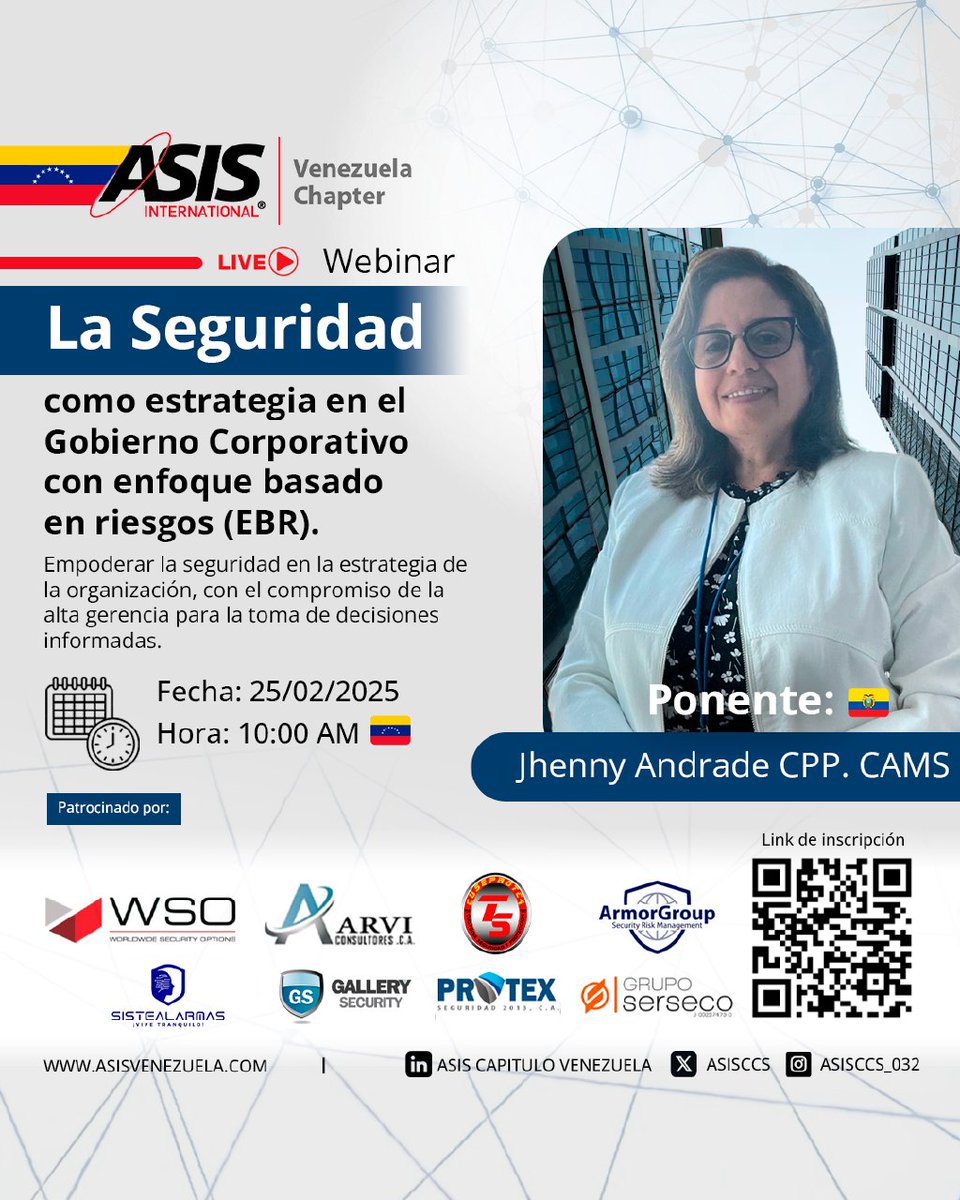 AsisCcs's tweet image. ¡El Capítulo 032 Venezuela de ASIS International te invita a un webinar exclusivo totalmente gratuito!

📅 Martes, 25 de febrero de 2025
⏰ Hora: 10:00 AM
🎤 Ponente: Jhenny Andrade. CPP, CAMS

📌 Registro gratuito link: lnkd.in/egvtscHx

#asislatam #profesionales #webinar