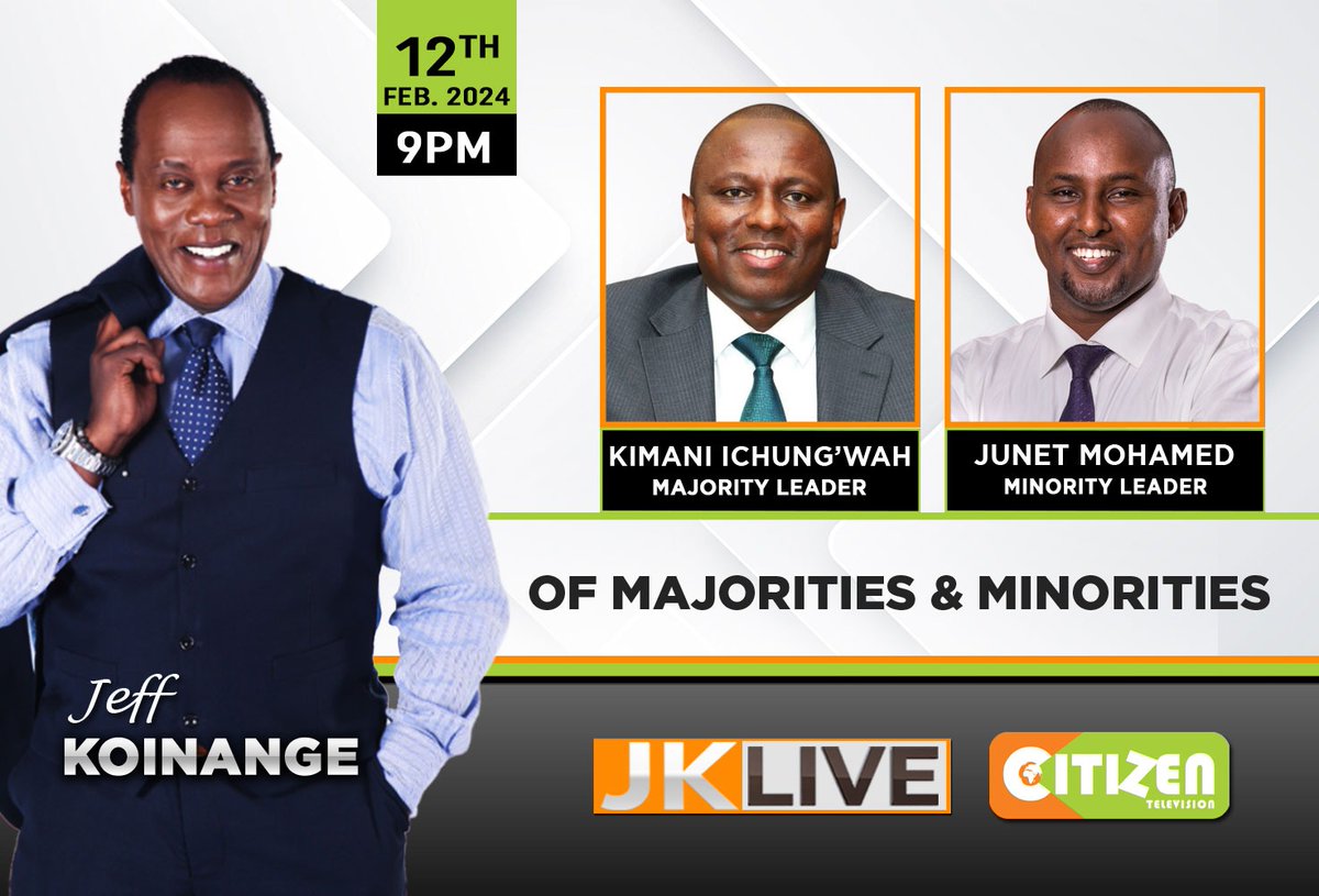 Citizen TV Kenya (@citizentvkenya) on Twitter photo And itโs a battle of the majority and minority!
Tonight on #JKLive <a href="/KoinangeJeff/">Jeff Koinange, MBS</a> hosts majority leader Kimani Ichungโwah and minority leader Junet Mohammed on the bench! And itโs a battle of the majority and minority!
Tonight on #JKLive <a href="/KoinangeJeff/">Jeff Koinange, MBS</a> hosts majority leader Kimani Ichungโwah and minority leader Junet Mohammed on the bench!
