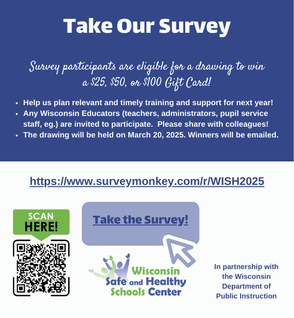 Wisconsin Educators, Please Tell Us What Training and Support You Need!

Who: Wisconsin Educators
Time: Less than 10 minutes
Deadline: Complete by March 19, 2025

💻Survey link: surveymonkey.com/r/WISH2025
#wisconsineducators #needsassessment
