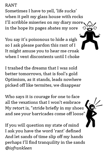 iofrankleen's tweet photo. Ever read an 'angry' poem? 🙂🙂
#poem #poetrycommunity #writingcommununity https://t.co/f4aN8UVEUh