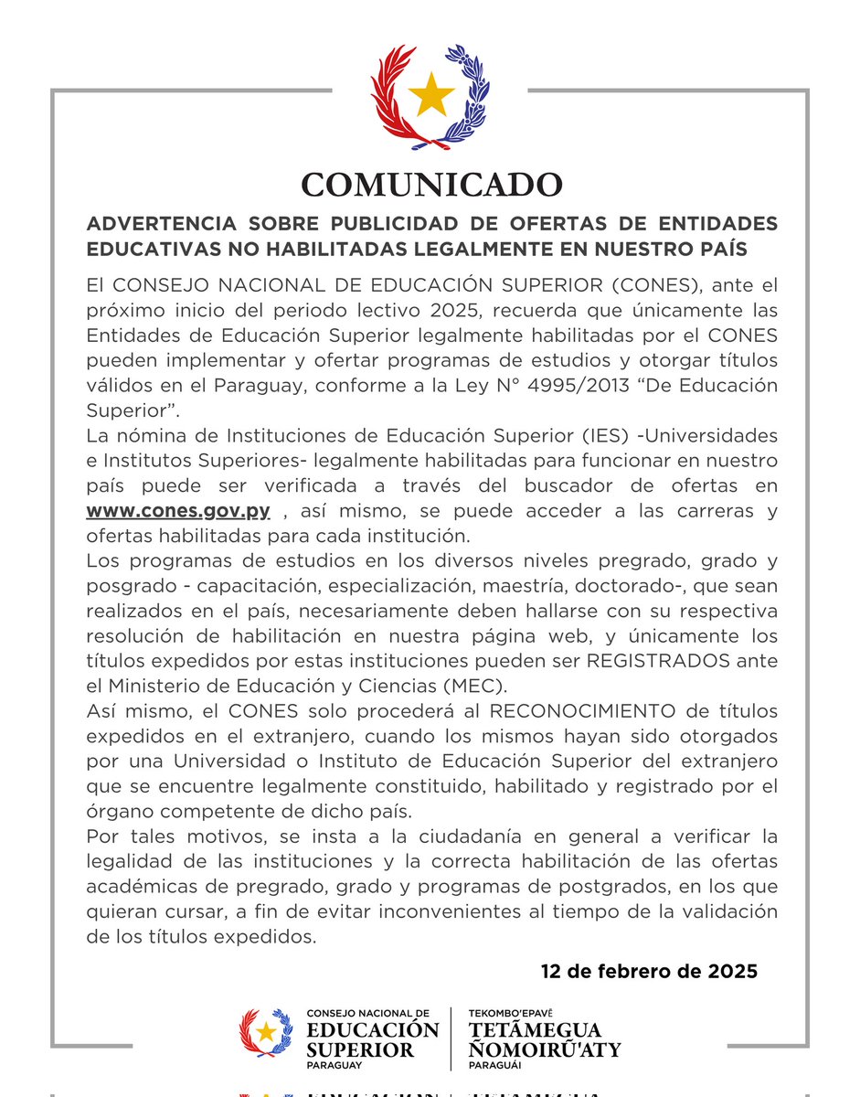 ConesParaguay's tweet photo. ➡️ Comunicado del CONES sobre ofertas de entidades educativas no habilitadas legalmente para ofrecer programas en nuestro país.

✅ Solo las IES legalmente habilitadas pueden ofrecer programas de estudio y otorgar títulos válidos que puedan ser registrados ante el MEC. (1/2) https://t.co/vxxVq3bJKk