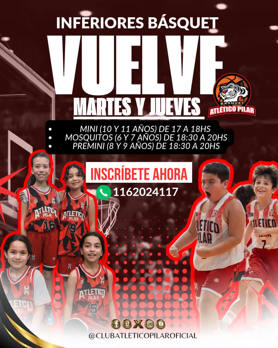 ¡INFERIORES BÁSQUET! 🏀 Los más peques vuelven al ruedo 💪 martes y jueves, horarios: 

⏰De 10 y 11 años de 17 a 18hs 
⏰De 8 y 9 años de 18.30 a 20hs 
⏰De 6 y 7 años de 18.30 a 20hs 

Inscripciones al número de contacto o en nuestra sede de Ituzaingó 759, Pilar