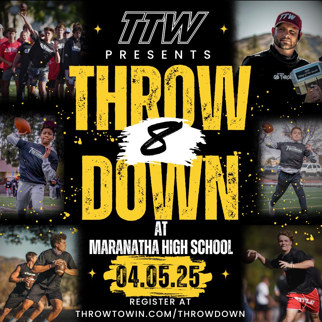 Coach Sam Fisher (@throw_2_win) on Twitter photo OCHO!!
4-5-25.
We are so EXCITED to bring the best QB competition back to Pasadena this April!
The first 6 QBs who register will receive a FREE <a href="/GridironFBprep/">Football Prep</a> prep job when you send your ball in!
The Throw Downs get sold out fast, donโt wait!!
Link in bio.
#THROWDOWN OCHO!!
4-5-25.
We are so EXCITED to bring the best QB competition back to Pasadena this April!
The first 6 QBs who register will receive a FREE <a href="/GridironFBprep/">Football Prep</a> prep job when you send your ball in!
The Throw Downs get sold out fast, donโt wait!!
Link in bio.
#THROWDOWN