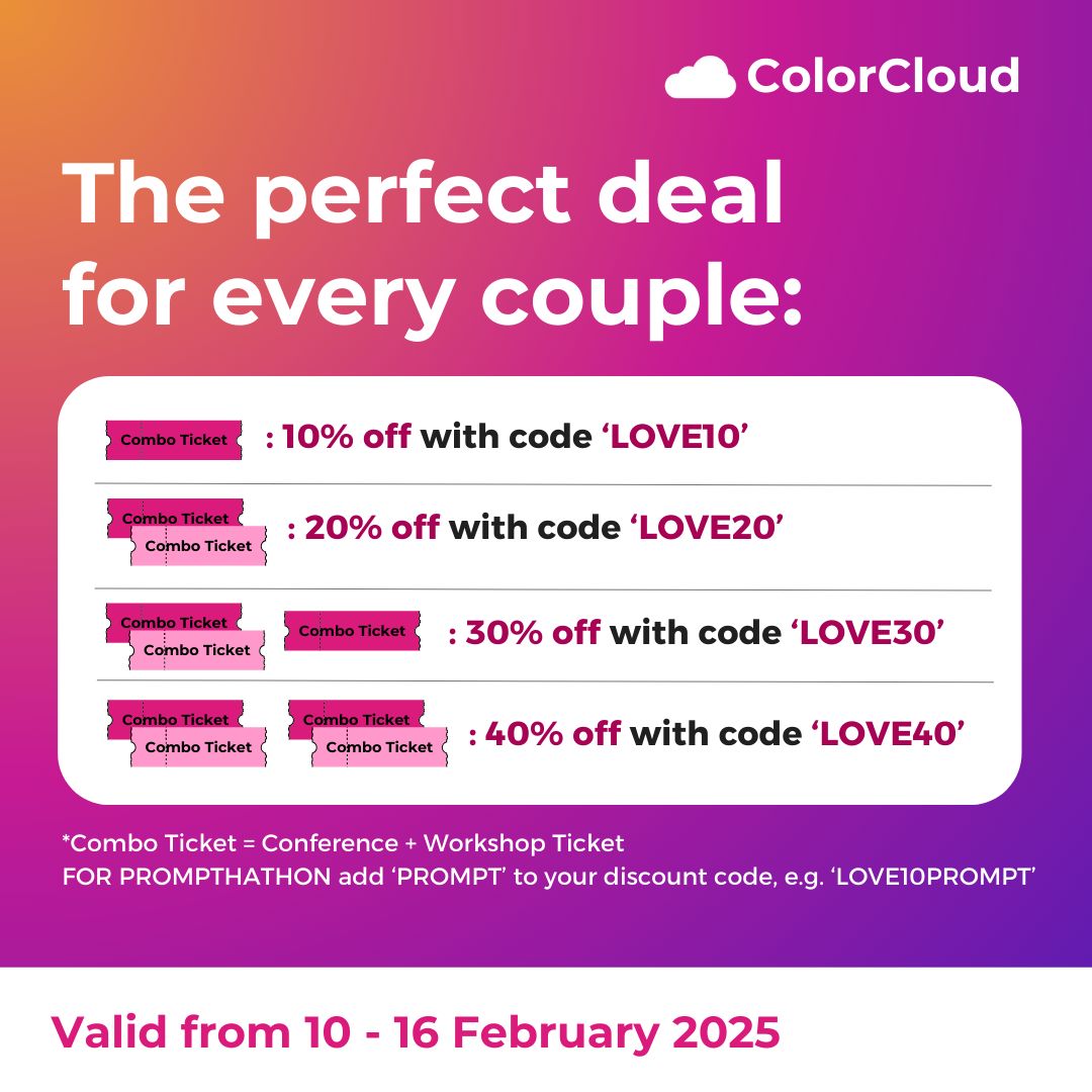 💕Happy Valentine’s week everyone!💕

At ColorCloud we support all kinds of couples 😍 (and of course singles!🫶🏼)
Check out our Valentine's Day Sale where you can get awesome discounts on your workshop + conference combo tickets!

🎟️Tickets via: buff.ly/3Oh8qSn