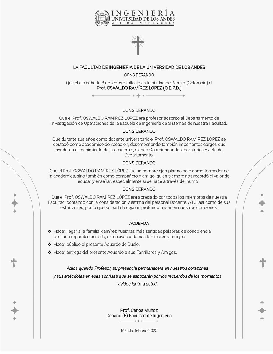 Nos unimos al duelo de familiares y amigos por el fallecimiento, en la ciudad de Pereira-Colombia, del Prof.Oswaldo Ramírez López, jubilado de la Escuela de Ingeniería de Sistemas.

Elevamos una oración por el descanso de su alma. 🙏🏻