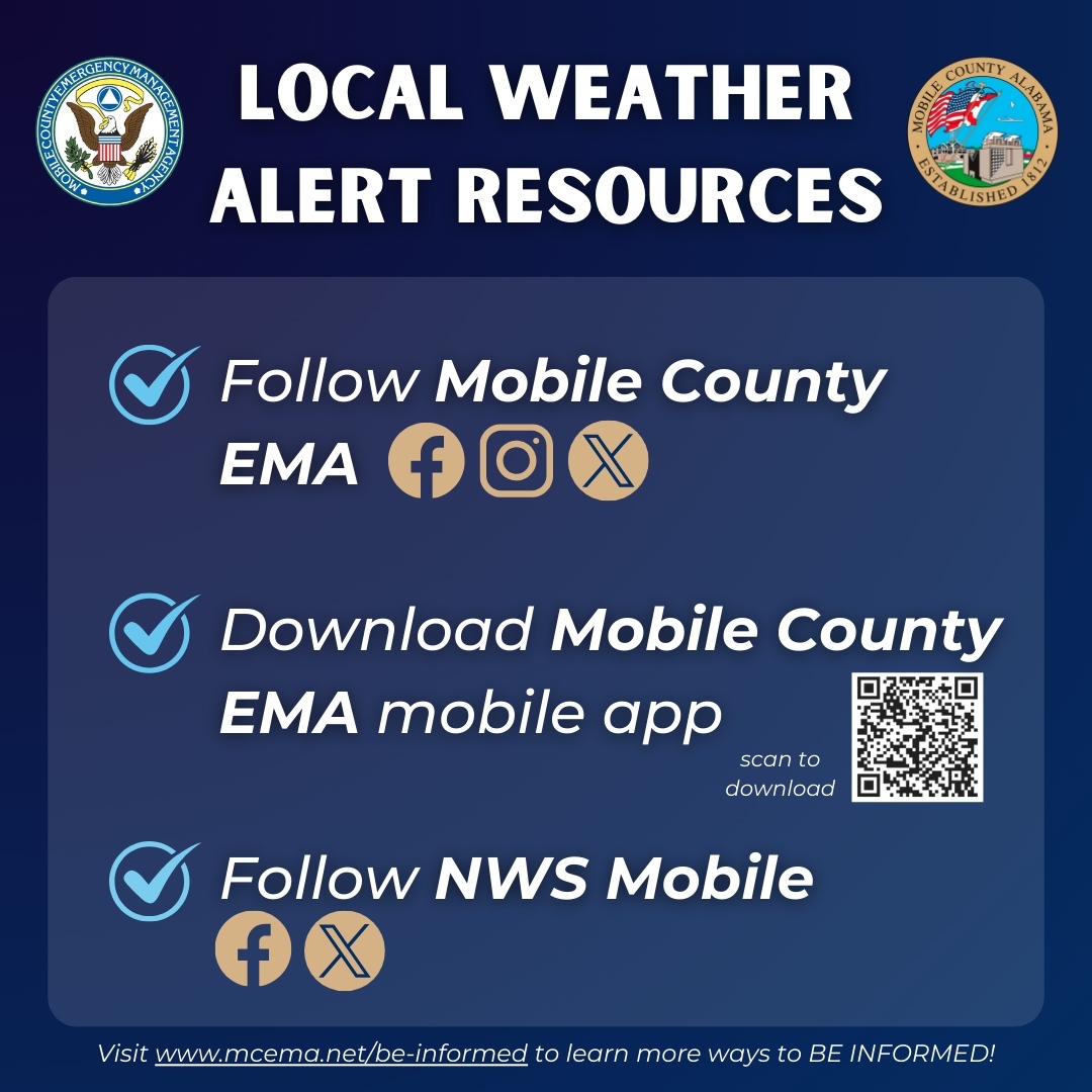 Stay informed today as we may experience severe weather in our area. Keep an eye on the forecast and take necessary precautions. Your safety is important.

#BeReady #MobileCountyEMA #MobileCountyAL