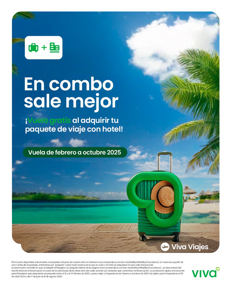 ¡Esto sí que es amor! 💚✈️ La tía Viva te regala tu vuelo en la compra de tu paquete de viaje + hotel. 😎✨ ¡Pícale aquí! 👉 bit.ly/47BPfd0