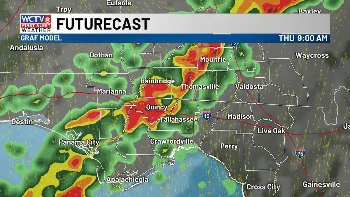 sloanedulany's tweet photo. Rain on the way for Thursday AM | Tomorrow morning, expect showers and isolated thunderstorms in the Big Bend and South Georgia. Some areas will receive heavy rainfall ahead of a cold front moving into the southeast. #FLWx #GAWx #Studentmeteorologist https://t.co/5MY6cAlYtn