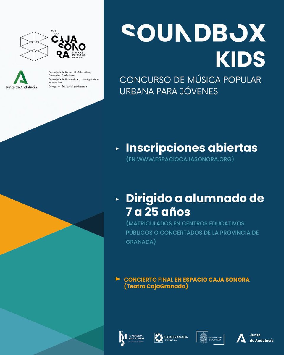 🎸Se convoca la I Edición del concurso Soundbox Kids, de música popular urbana para jóvenes granadinos gracias a la colaboración de <a href="/JuntaGranada/">Junta Granada</a> a través del <a href="/gpbellasartesgr/">bellasartes.dpgr.ced@juntadeandalucia.es</a> con <a href="/cajasonoragrx/">Espacio Caja Sonora</a> #fundacionmiguelrios, consulta las bases aquí ➡️ blogsaverroes.juntadeandalucia.es/gabinetebellas…
