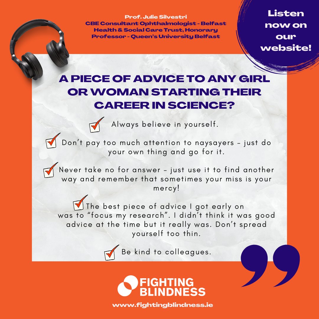Fighting Blindness (@fight_blindness) on Twitter photo 🔬 Celebrating Women & Girls in Science - Day 3! Meet Julie Silvestri, Honorary Prof at <a href="/QUBelfast/">Queen's University Belfast 🎓</a> & CBE Consultant Ophthalmologist at <a href="/BelfastTrust/">Belfast Trust</a>. Click the link below to hear her journey and advice for women in STEM, based on 25+ years of experience! fightingblindness.ie/news/internati… 🔬 Celebrating Women & Girls in Science - Day 3! Meet Julie Silvestri, Honorary Prof at <a href="/QUBelfast/">Queen's University Belfast 🎓</a> & CBE Consultant Ophthalmologist at <a href="/BelfastTrust/">Belfast Trust</a>. Click the link below to hear her journey and advice for women in STEM, based on 25+ years of experience! fightingblindness.ie/news/internati…