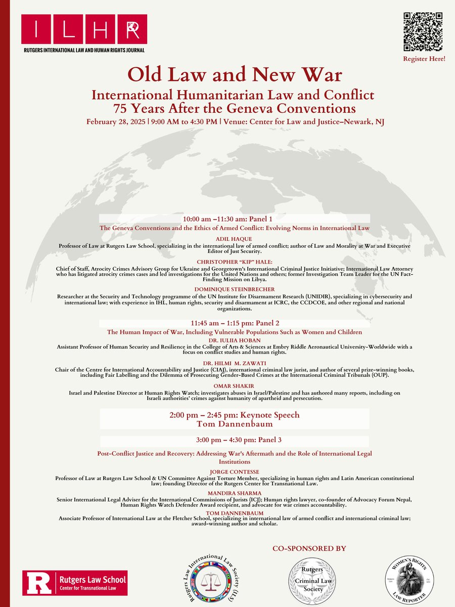 RutgersCTL's tweet photo. On Feb. 28, @RutgersILHRJ will host "Old Law and New  War: International Humanitarian Law and Conflict 75 Years After the  Geneva Conventions." For more info and to RSVP, visit: https://t.co/i1wSBxqCIl
Co-sponsored by the Center for Transnational Law. https://t.co/ObE9DslROo