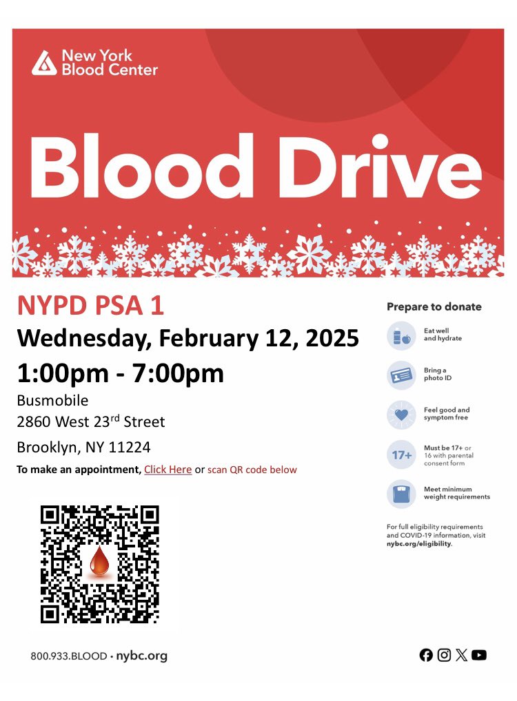 NYPDPSA1's tweet image. Dont forget today PSA1 is hosting a blood drive from 1PM to 7PM located at 2860 W23 Street. Scan the QR code to schedule your appointment or just show up. See you then. @NYPDnews @NYPDPC @NYPD1stDep @NYPDCommAffairs @NYPDHousing @NYPDBklynSouth @NYPDHBBk @nypd60pct @NYCHA