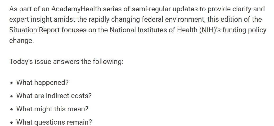 NEW AcademyHealth Situation Report: What the NIH slashing of indirect grants means for researchers: academyhealth.org/blog/2025-02/a…
