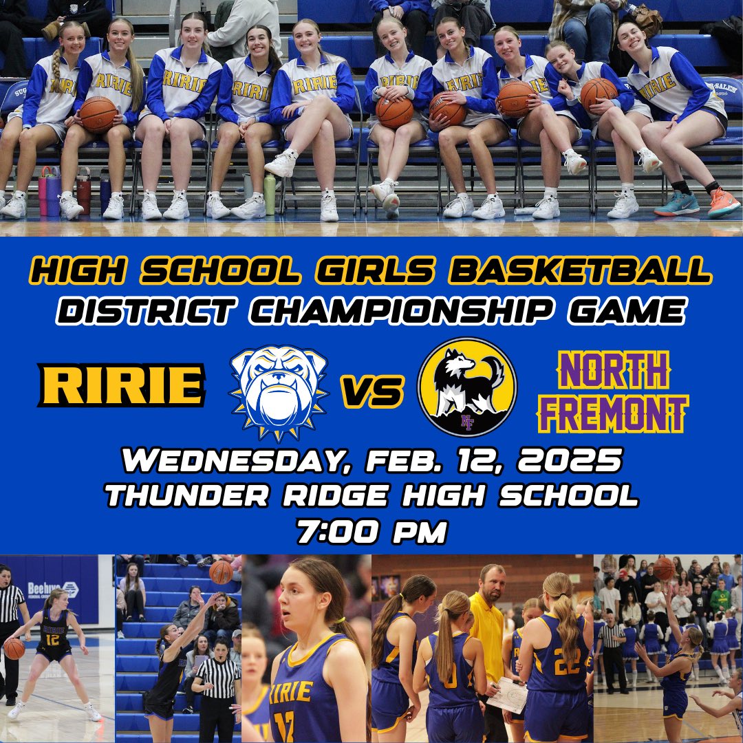 This one’s for the championship! Join us at Thunder Ridge High School tonight as our Bulldogs play North Fremont for the district title! Doors open at 6:00 pm, game tips off at 7:00 pm.
#WeAreRirie #idpreps