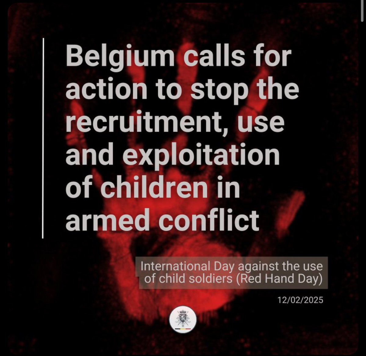 ✋Today, we count hundreds of thousands of #ChildSoldiers. 
At the Permanent Representation of #Belgium to the #OSCE we stay dedicated to promoting, and supporting international partnerships to protect children. 
#RedHandDay #HumanRights #PeaceAndSecurity #ChildSoldiers