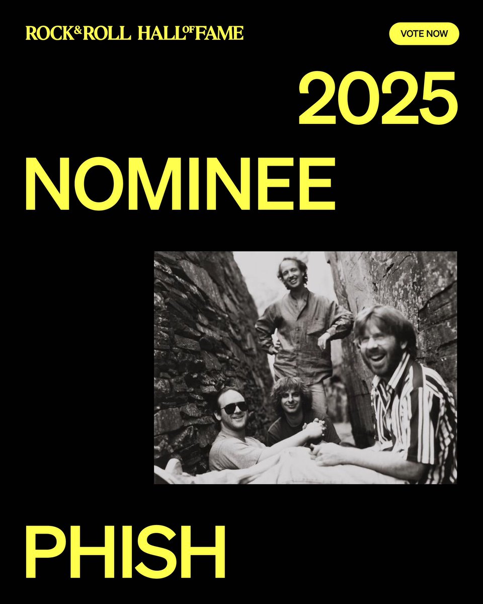 phish's tweet image. Phish is honored to be nominated for the Rock &amp;amp; Roll Hall of Fame Class of 2025! Big congratulations to our fellow nominees. The Fan Vote is now open! Vote daily through April 21 → vote.rockhall.com 

#RockHall2025 @rockhall