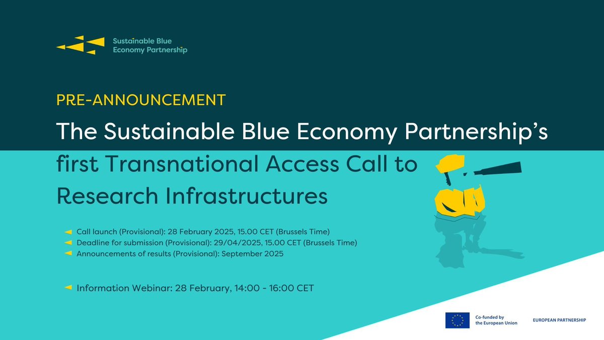 Exciting Opportunity for #BlueEconomy Researchers! 

The #SustainableBlueEconomyPartnership launches its 1st Call for Access to #ResearchInfrastructures,  spanning all EU sea basins.

🗓️2 feb '25 - info webinar👉shorturl.at/saVrs