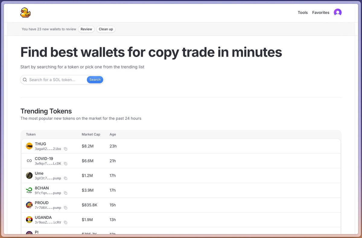cryptoduckio's tweet photo. Now you have top trending tokens for the past 24h right on the home page
Pick them and find the best wallets to copy trade in minutes https://t.co/xt6nuz7aLq