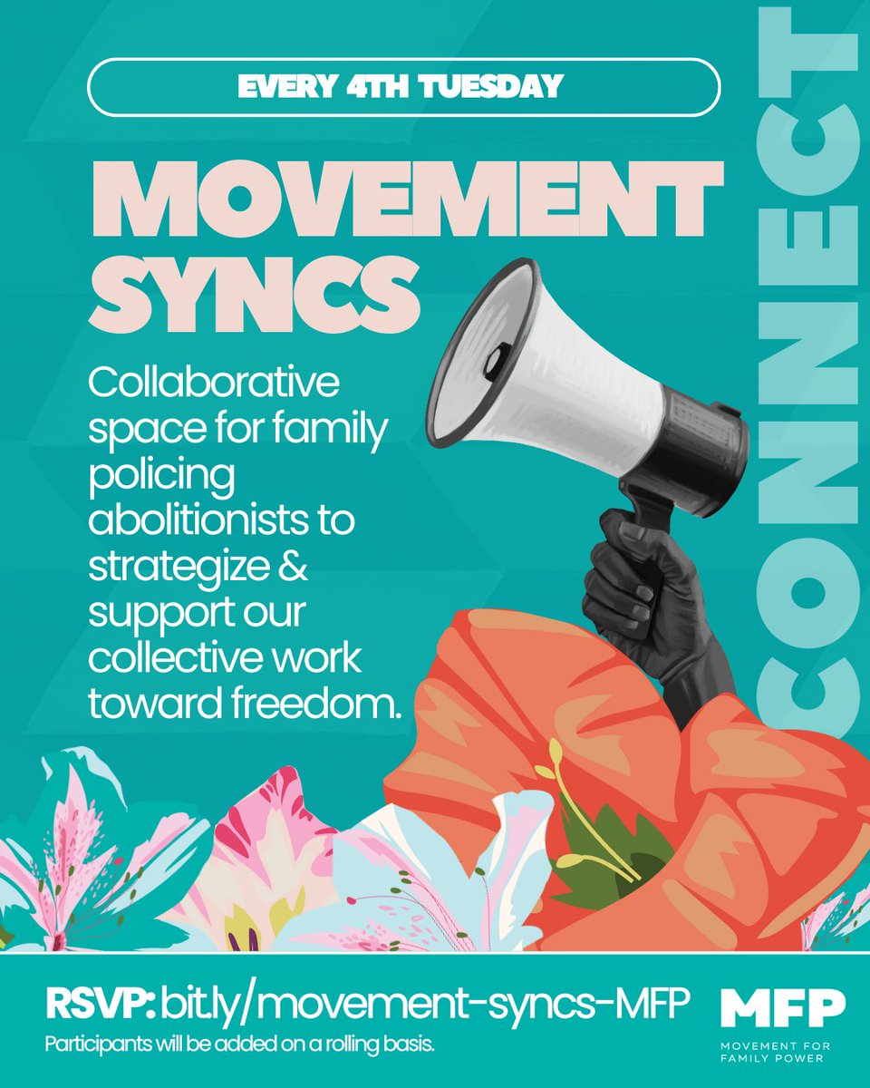Are you or your org fighting for families &amp; want to sync up with our larger movement ecosystem?

Join MFP's Movement Syncs for a collaborative space for family policing abolitionists to strategize &amp; support our collective work toward freedom!

RSVP: bit.ly/movement-syncs…