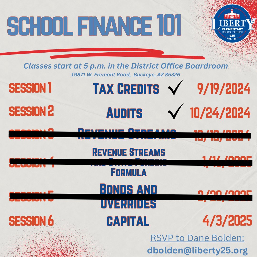 LibertyESD25's tweet photo. Next week's School Finance 101 class has been postponed. Stay tuned to #LESD25 for the makeup date and time. https://t.co/yIUsocHgiN