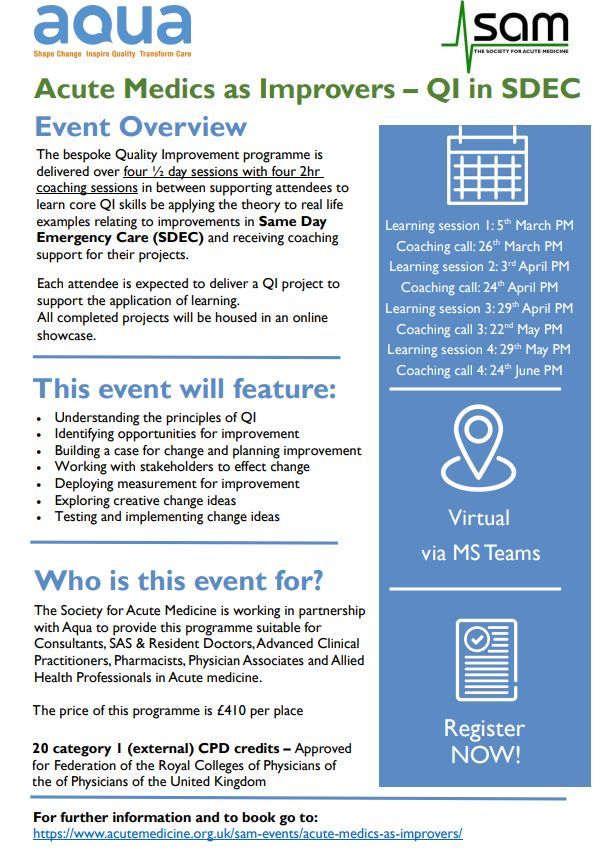 Advancing Quality Alliance (Aqua) (@aqua_nhs) on Twitter photo 📅 Register for Acute Medics as Improvers – QI in SDEC.
We're partnering with <a href="/acutemedicine/">SAM Online</a> on this bespoke Quality Improvement programme aimed at medical practitioners and consultants.
Find out more and register your place: buff.ly/41cDhGO 📅 Register for Acute Medics as Improvers – QI in SDEC.
We're partnering with <a href="/acutemedicine/">SAM Online</a> on this bespoke Quality Improvement programme aimed at medical practitioners and consultants.
Find out more and register your place: buff.ly/41cDhGO