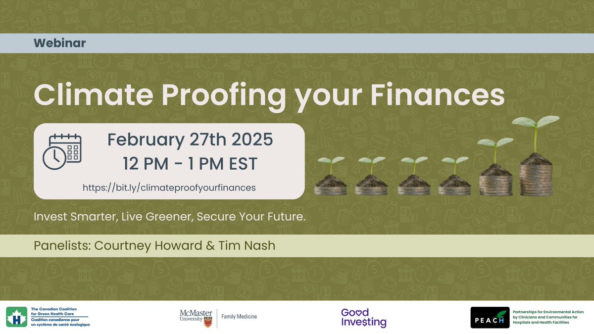 💰🌍 Want to align your finances with #climateaction? Join us for Climate Proofing Your Finances on Feb 27! Learn from Tim Nash &amp; Dr. Courtney Howard about sustainable investing &amp; financial resilience.

🔗Register now: bit.ly/climateproofyo…
<a href="/ccghc/">CCGHC</a> <a href="/McMasterFamMed/">McMaster Family Med</a> 
#GreenFinance